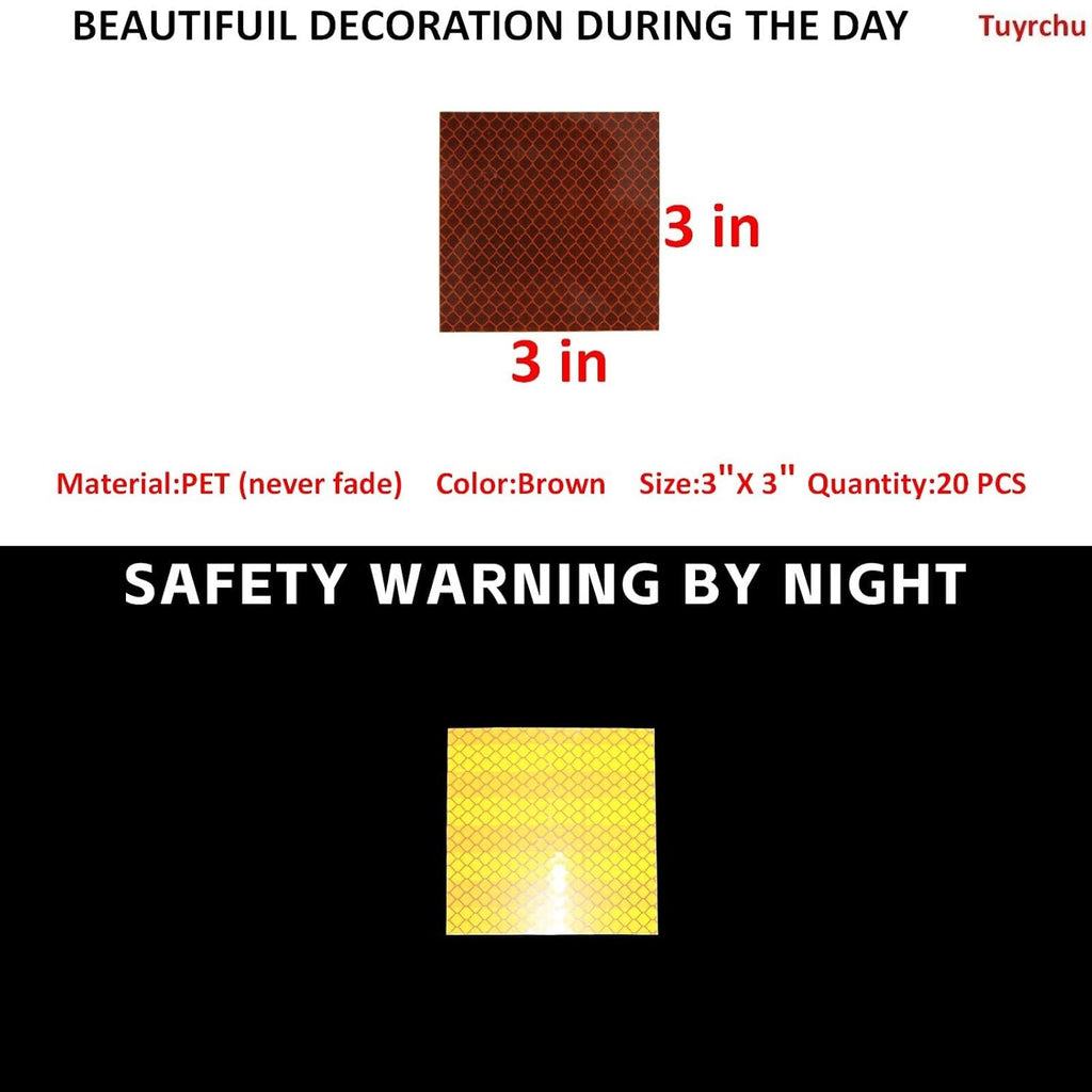 Non Fading Brown Reflective Stickers 3 inch X 3 inch, Outdoor Waterproof High Visibility Warning Safety Adhesive Reflector Tape (20 Pcs)