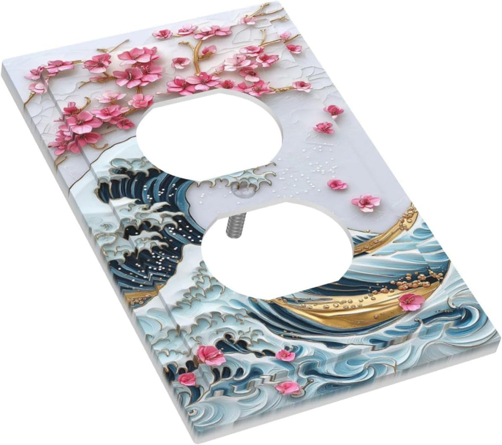 Outlet Covers The Great Wave Off Kanagawa With Sakura 1 Gang Duplex Wall Plate Decorative Switch Plates Electrical Receptacle Faceplate Light Switch Cover for Bedroom Bathroom Decor