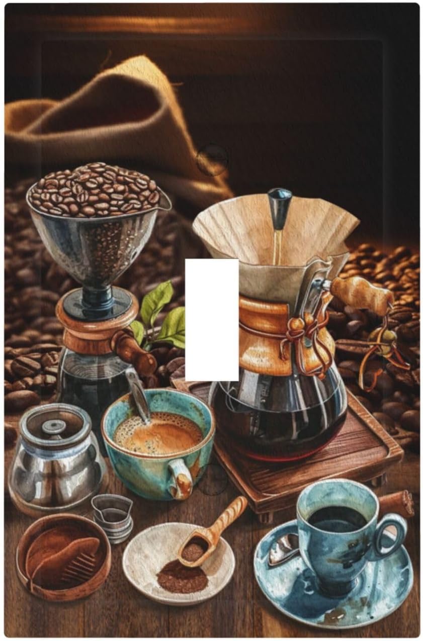 Decorative Light Switch Cover Plate Retro Coffee Maker Beans Cup 1 Gang Wall Plate Oversized Single Toggle Wall Cover Plate Jumbo Electrical Switchplate Faceplate
