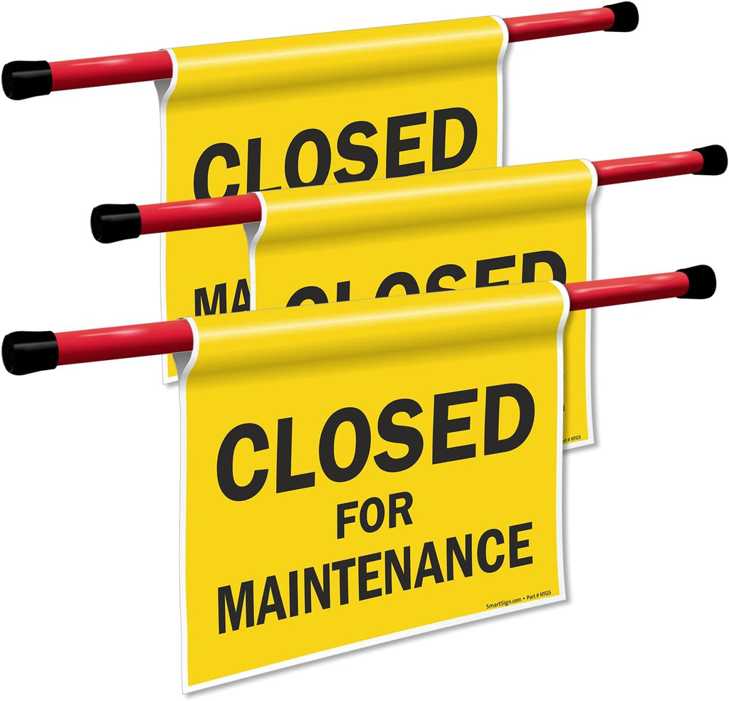 SmartSign 3-Pack 'Closed For Maintenance' Hanging Doorway Barricade Sign, Spring-loaded Adjustable Twist-To-Tighten Aluminum Pole & 11.25" x 18" Vinyl Safety Sign Kit, USA-Made