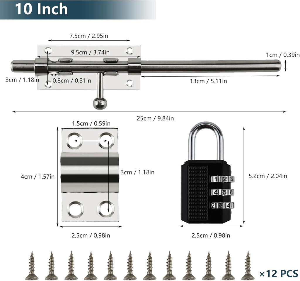 Sliding Bolt Door Latch, 201 Stainless Steel Barrel Bolt Lock, 30mm Combo Padlock Included, Heavy Duty Slide Gate Latch with 12 Screws, Silver Finish