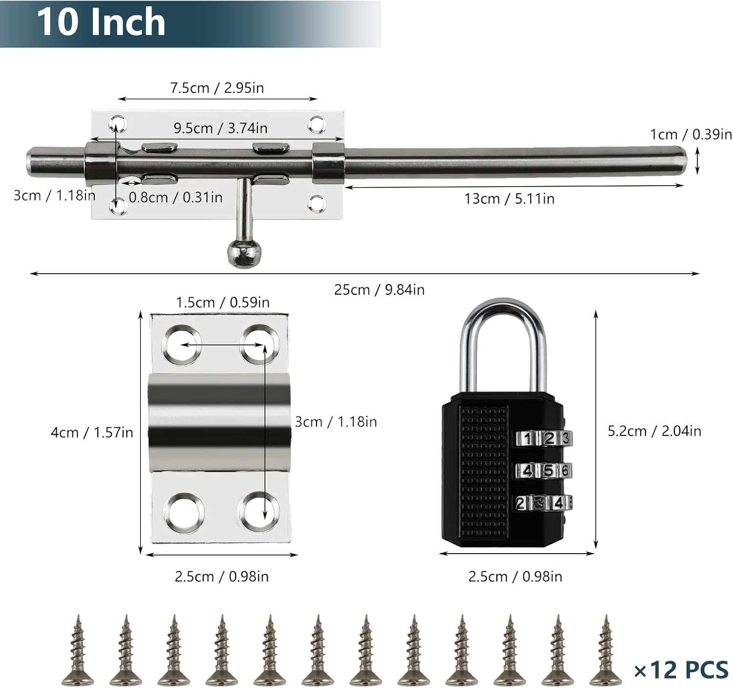 Sliding Bolt Door Latch, 201 Stainless Steel Barrel Bolt Lock, 30mm Combo Padlock Included, Heavy Duty Slide Gate Latch with 12 Screws, Silver Finish
