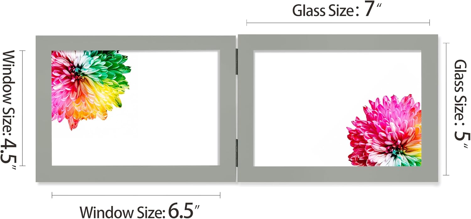 Double 5x7 Horizontal Combo, Grey Wood Picture Frame, 4.5x6.5 Opening Foldable Landscape View Photo Frame on Table-top or Wall