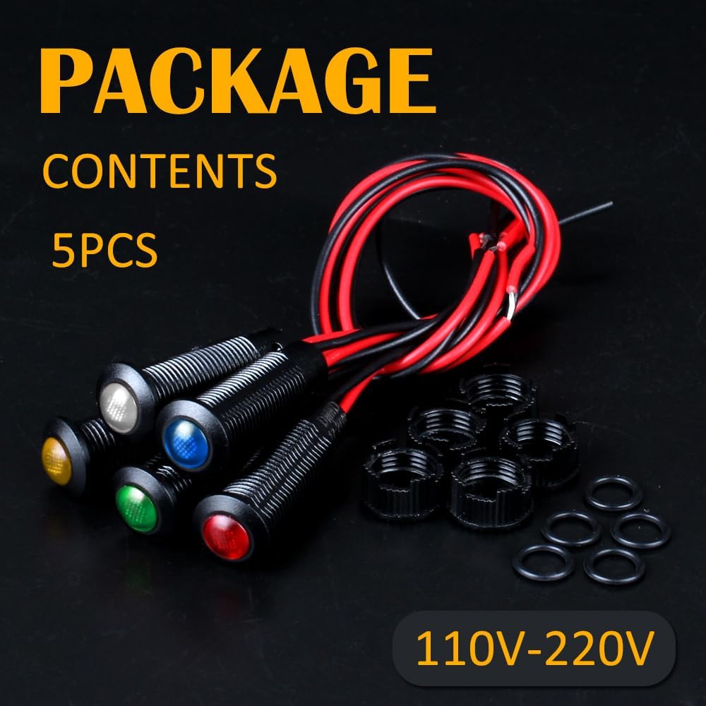 5pcs 8mm LED Indicator Light Plastic Black Signal Dot Lamp 110-220VAC 5/16" Mounting Hole Size with 15cm/5.9in. Wire (Mix:Red White Yellow Blue Green)