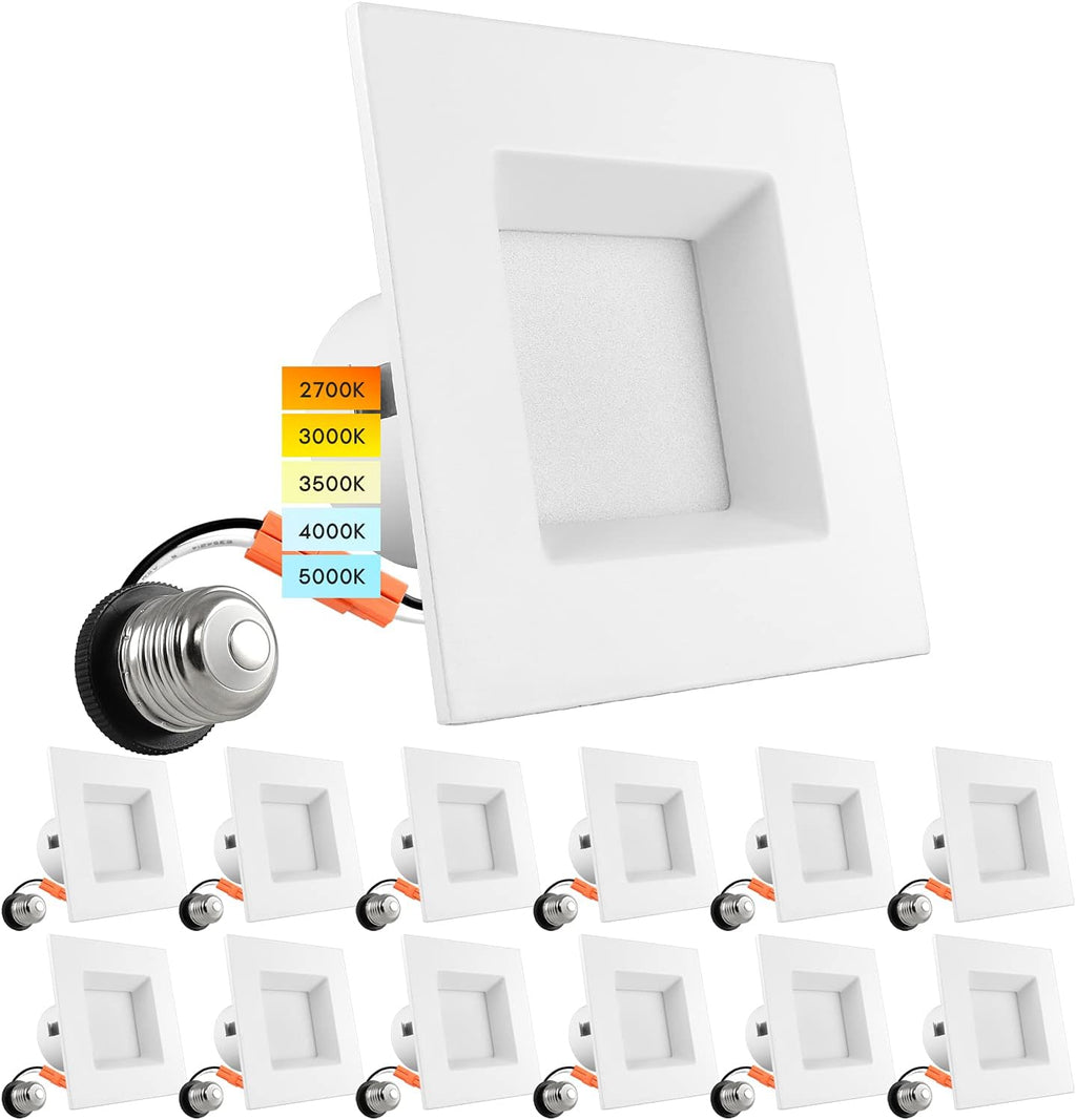LUXRITE 12 Pack 4 Inch Square Recessed LED Can Lights, CCT Color Temperature Selectable 2700K | 3000K | 3500K | 4000K | 5000K, Dimmable Recessed Lights, 750 Lumens, CRI 90, Energy Star, Wet Rated