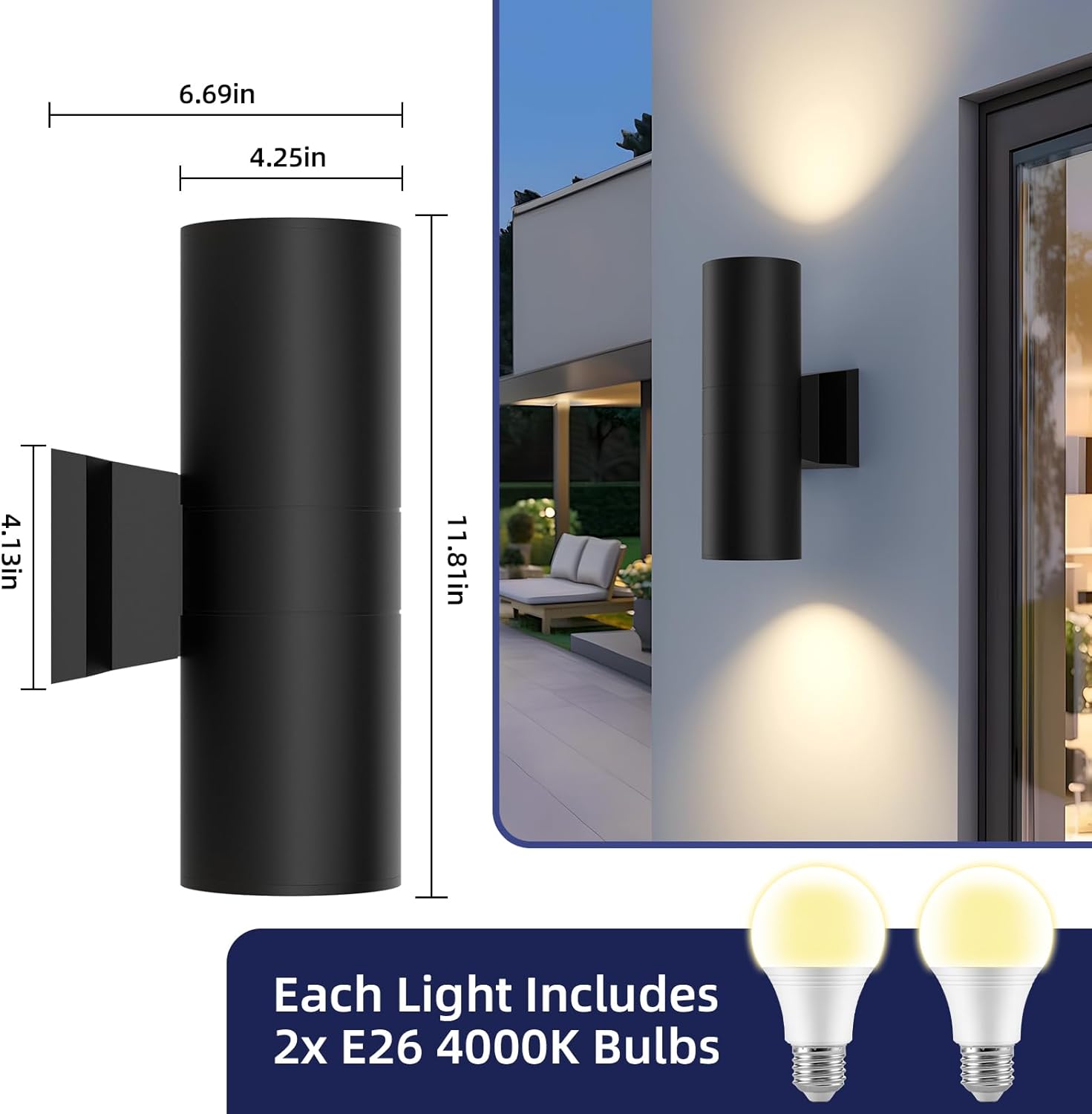 JAYMP 11.8" Up and Down Wall Sconce Aluminum Modern Outdoor Light, Black Round IP65 Waterproof Exterior Wall Lamp for Front Door Patio Porch Staircase Hallway