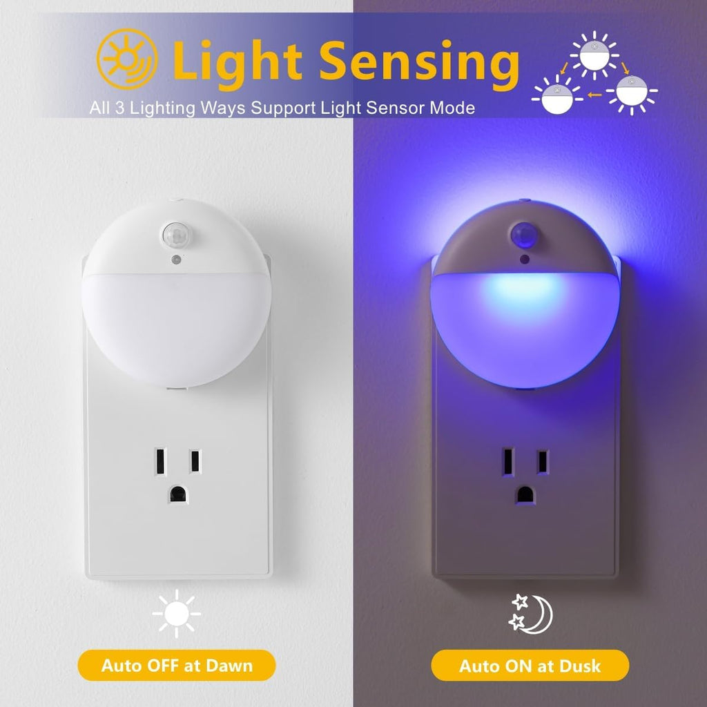 2 Pack Plug in Night Light, Dusk to Dawn, 3 Lighting Ways, Stepless Dimming, Auto On/Off Light Sensor, Blue LED Nightlight for Bathroom, Hallway, Stairs, Bedroom, Kitchen, Kids