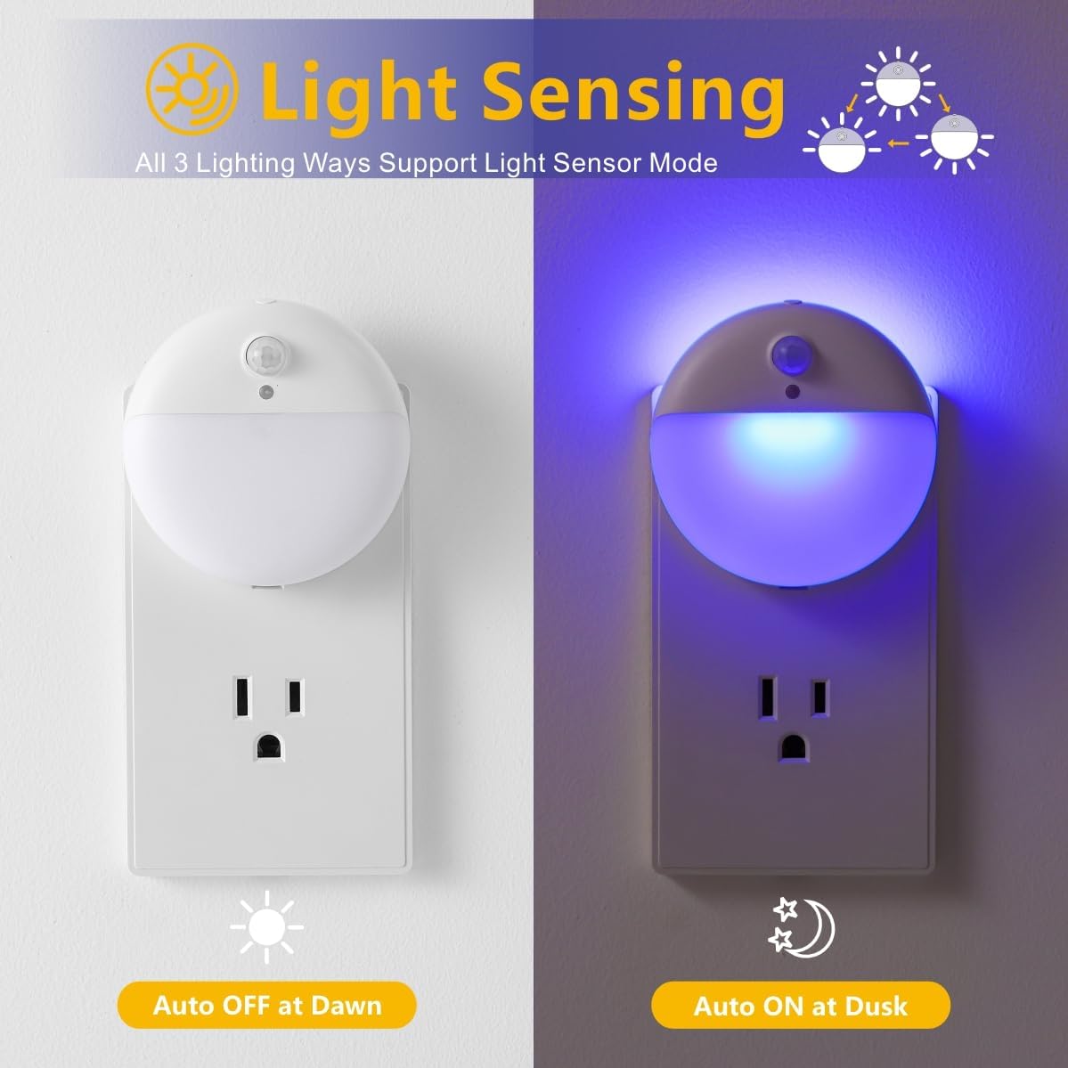 2 Pack Plug in Night Light, Dusk to Dawn, 3 Lighting Ways, Stepless Dimming, Auto On/Off Light Sensor, Blue LED Nightlight for Bathroom, Hallway, Stairs, Bedroom, Kitchen, Kids