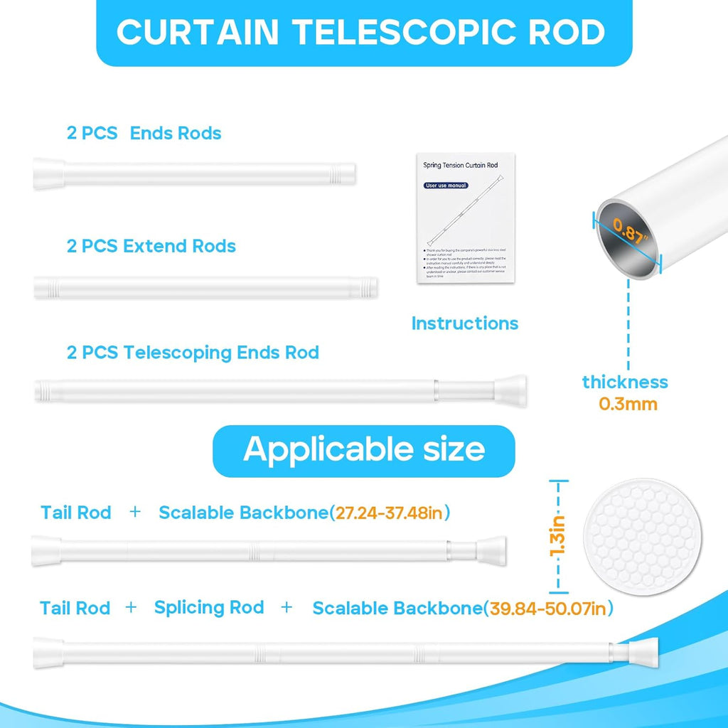 2 Pack White Tension Curtain Rod for Windows 28 to 48 inch, Adjustable Expandable Pressure Spring Curtain Rod No Drilling, 7/8" Curtain Rod for Bedroom Doorway Closet Door