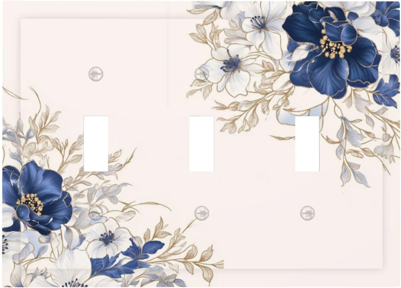 Decorative Light Switch Cover Plate Rustic Blue White Flowers Floral Penoy 3 Gang Wall Plate Oversized Triple Toggle Switch Cover Plate Jumbo Face Plate for Bedroom Decor