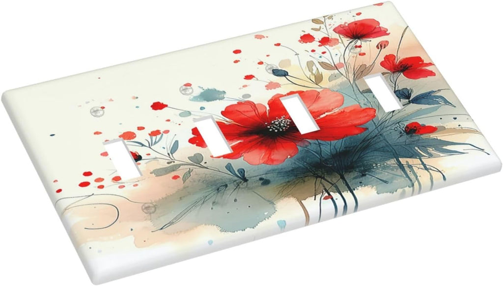 Vintage Floral Red Watercolor Modern Light Switch Covers Quad Toggle 4 Gang Wall Plate Decorative Switch Plates Electrical Faceplate for Bedroom Bathroom Decor