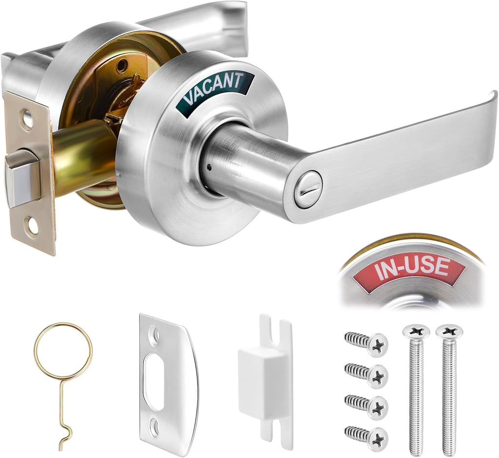 Tandefio 1 Set Vacant Occupied Bathroom Lock, Commercial Door Handle with in-use or Vacancy Occupied Deadbolt, Privacy Indicator Restroom Handle Lock for Restrooms, Satin Chrome (63.5 mm,Silver)