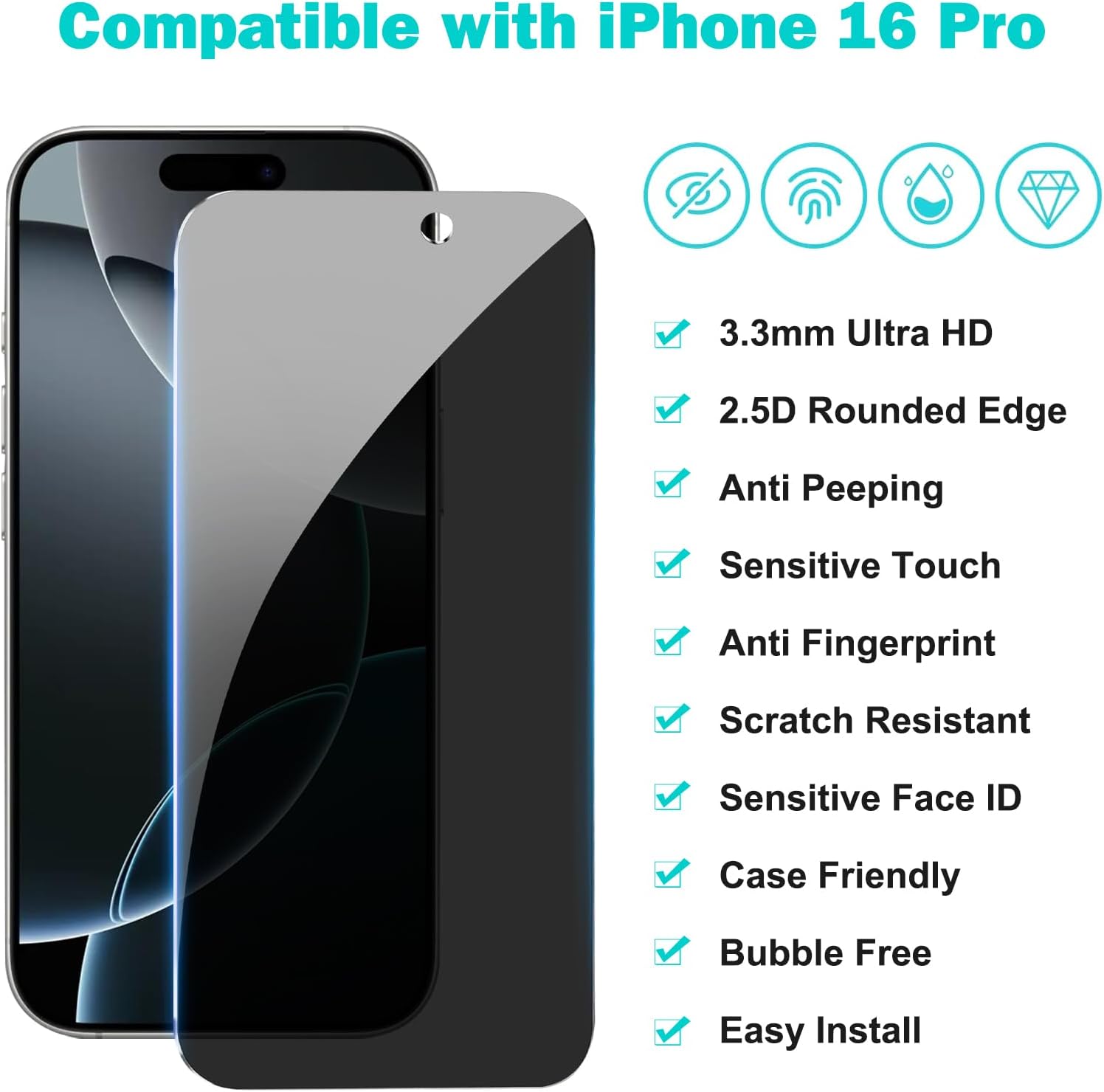 PEHAEL 3+3Pack for iPhone 16 Pro Privacy Screen Protector with Camera Lens Protector Full Coverage Anti-Spy Tempered Glass Film 9H Hardness Easy Installation Bubble Free [6.3 inch]