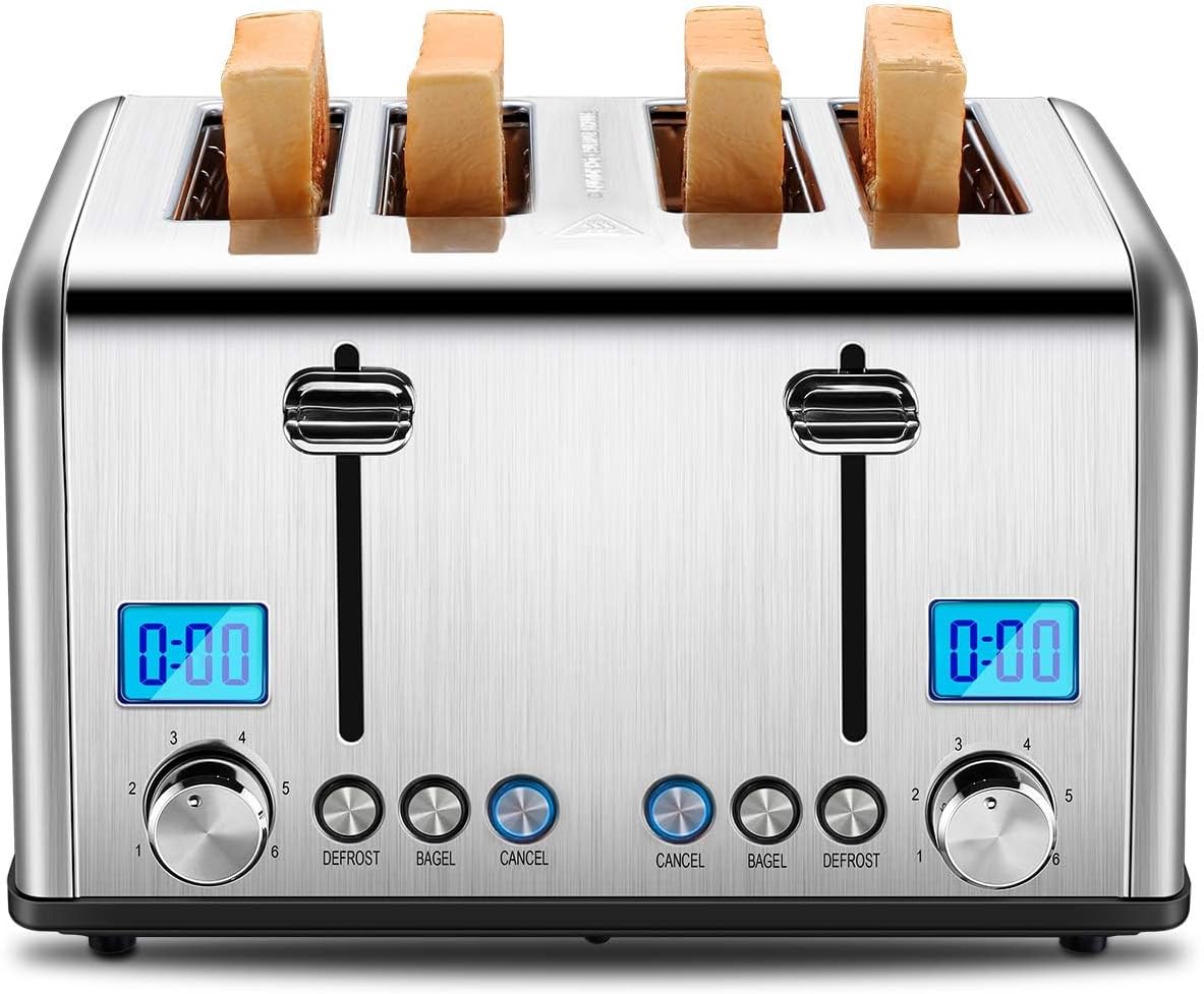 Roter Mond Countdown Stainless Steel 4 Slice Toaster with Bagel, Defrost, Cancel Function, Dual Toaster, Extra Wide Slots, 6 Shade Settings, Removable Crumb Trays, 1650W