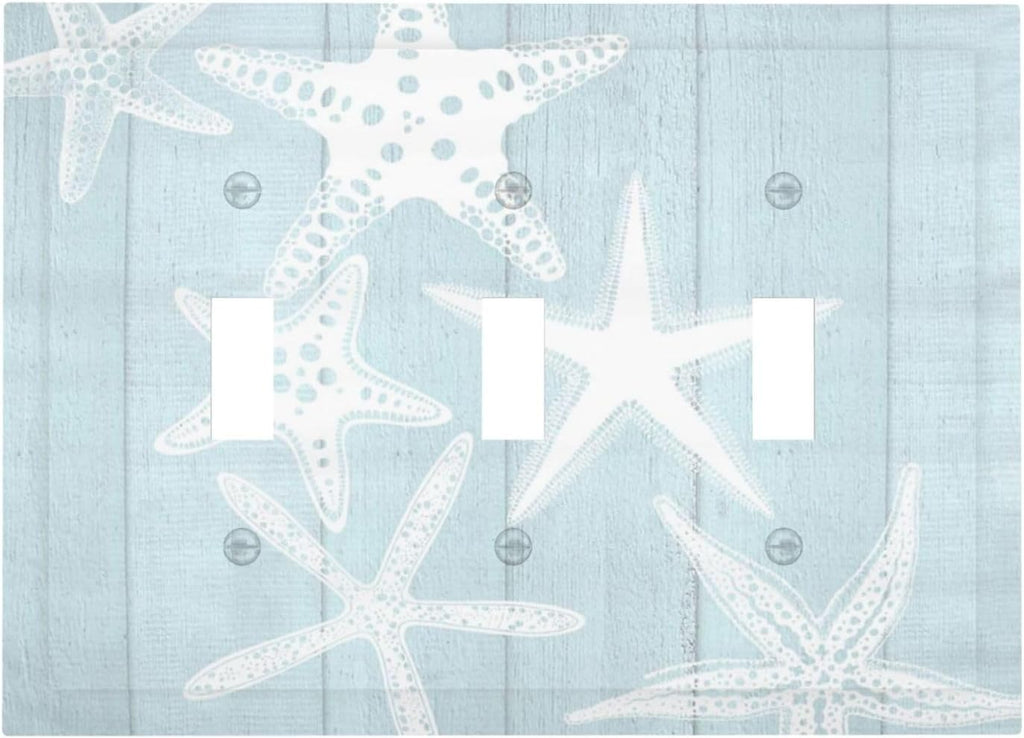 Beach Starfish Vintage Wood Rustic Country Ocean Decorative Switch Plates 3 Gang Wall Plate Triple Toggle Light Switch Cover Faceplate Electrical Wall Panels for Farmhouse Kids Room Decor
