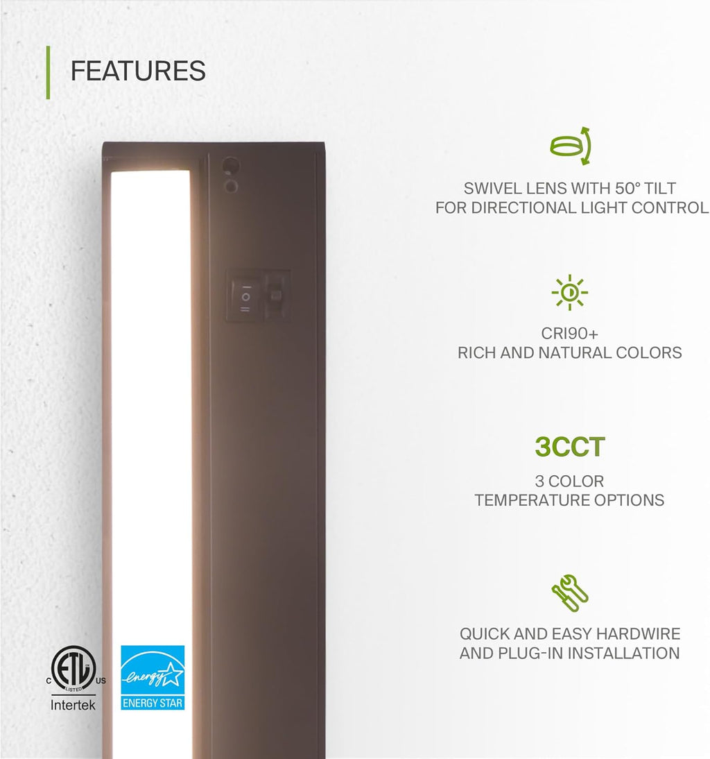 ASD Swivel LED Under Cabinet Lighting Bronze, 32 Inch 16W, Hardwired or Plug-in, 2700K/3000K/4000K, Hi/Low Switch, Rotatable Lens, Dimmable Linkable Under Counter Light for Kitchen, ETL & Energy Star