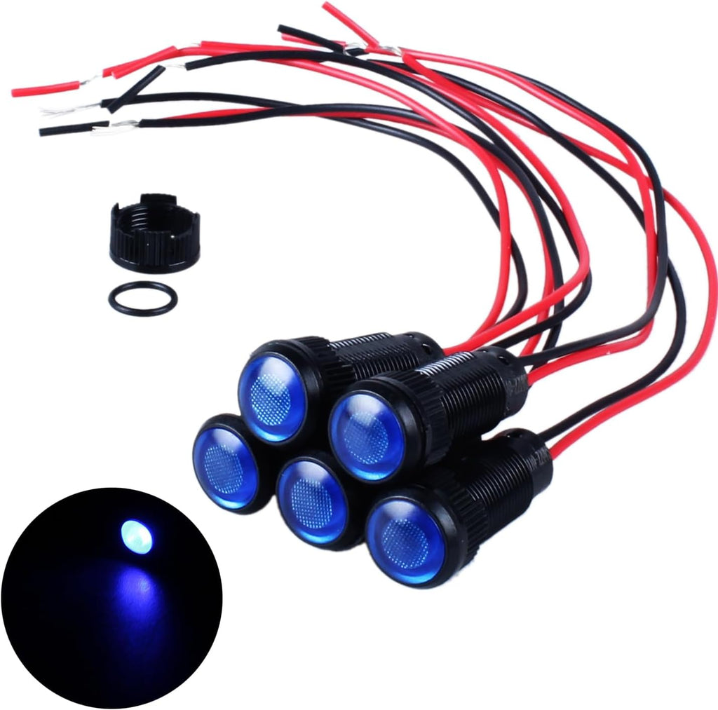 5pcs 10mm LED Indicator Light Plastic Black Signal Dot Lamp 12V-24V 2/5" Mounting Hole Size with 15cm/5.9in. Wire (Blue LED)