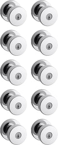 Kwikset Pismo Entry Door Knob with Lock and Key, Secure Keyed Handle Exterior, Front Entrance and Bedroom, Polished Chrome, 10 Pack, Pick Resistant SmartKey Rekey Security