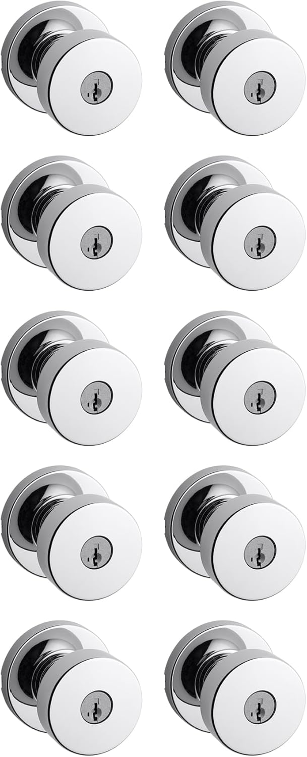 Kwikset Pismo Entry Door Knob with Lock and Key, Secure Keyed Handle Exterior, Front Entrance and Bedroom, Polished Chrome, 10 Pack, Pick Resistant SmartKey Rekey Security