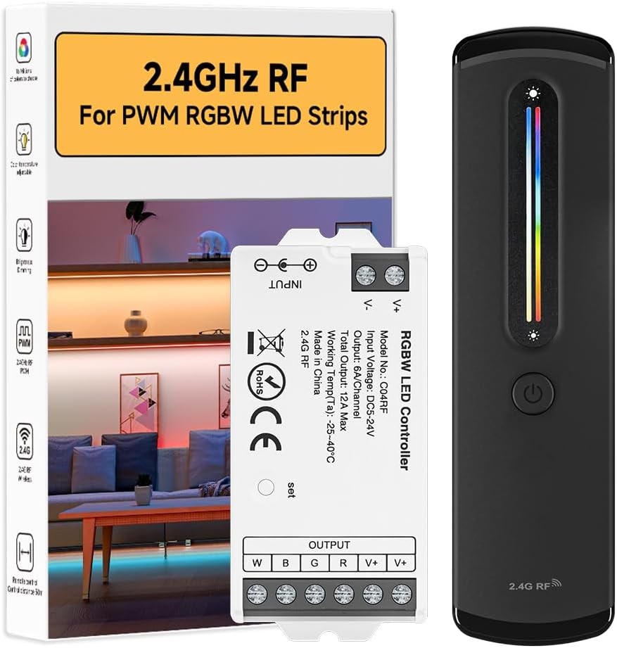 BTF-LIGHTING RC09RFB & C04RF RF 2.4GHz Wireless Tuya Controller Kit Magnetic Wall-Mounted, Dim Brightness/Color,Touch Slide Control for PWM(+ R G B W) 5PIN SMD FCOB RGBW LED Strip DC5V DC12V DC24V