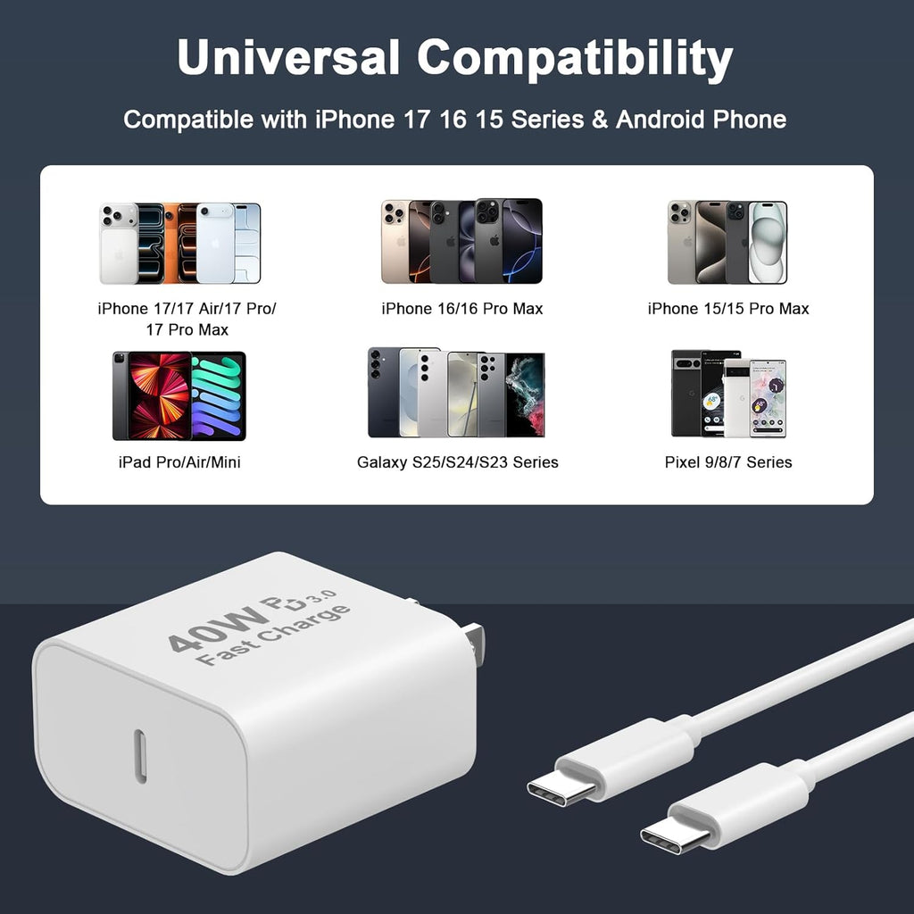 iPhone 17 16 15 Pro Max Charger Fast Charging, 40W USB C iPhone 17 16 15 Fast Charger Block with 6FT Type C to C Charging Cable Cord for iPhone 17/17 Pro Max/17 Pro/Air/16/16 Pro Max/15/15 Pro Max