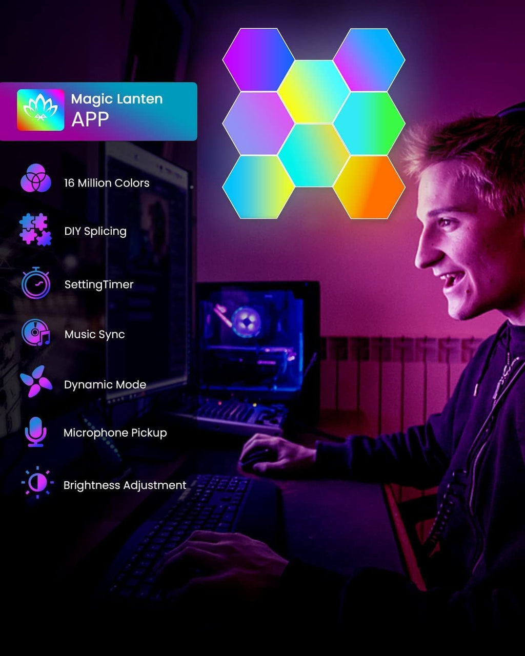 8-Pack RGB Hexagon Led Lights - Wall Panels with APP & Remote Control, Cool Music Sync - Multicolor 8PCS for Gaming, Living & Bedroom