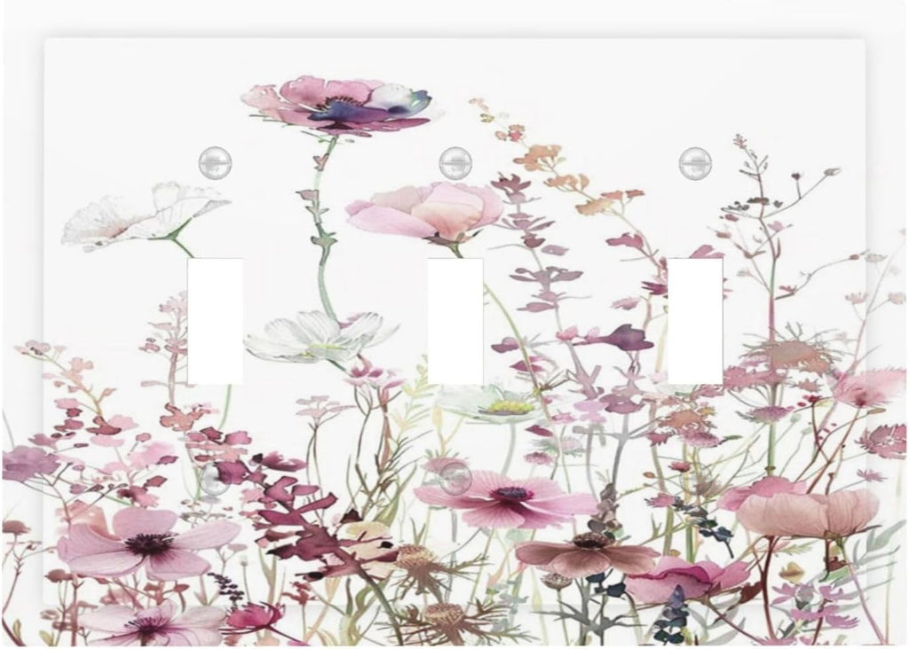 Floral Pink Watercolor Wildflowers Plant Flower Decorative Switch Plates 3 Gang Wall Plate Triple Toggle Light Switch Cover Faceplate Electrical Wall Panels for Bedroom Living Room Decor