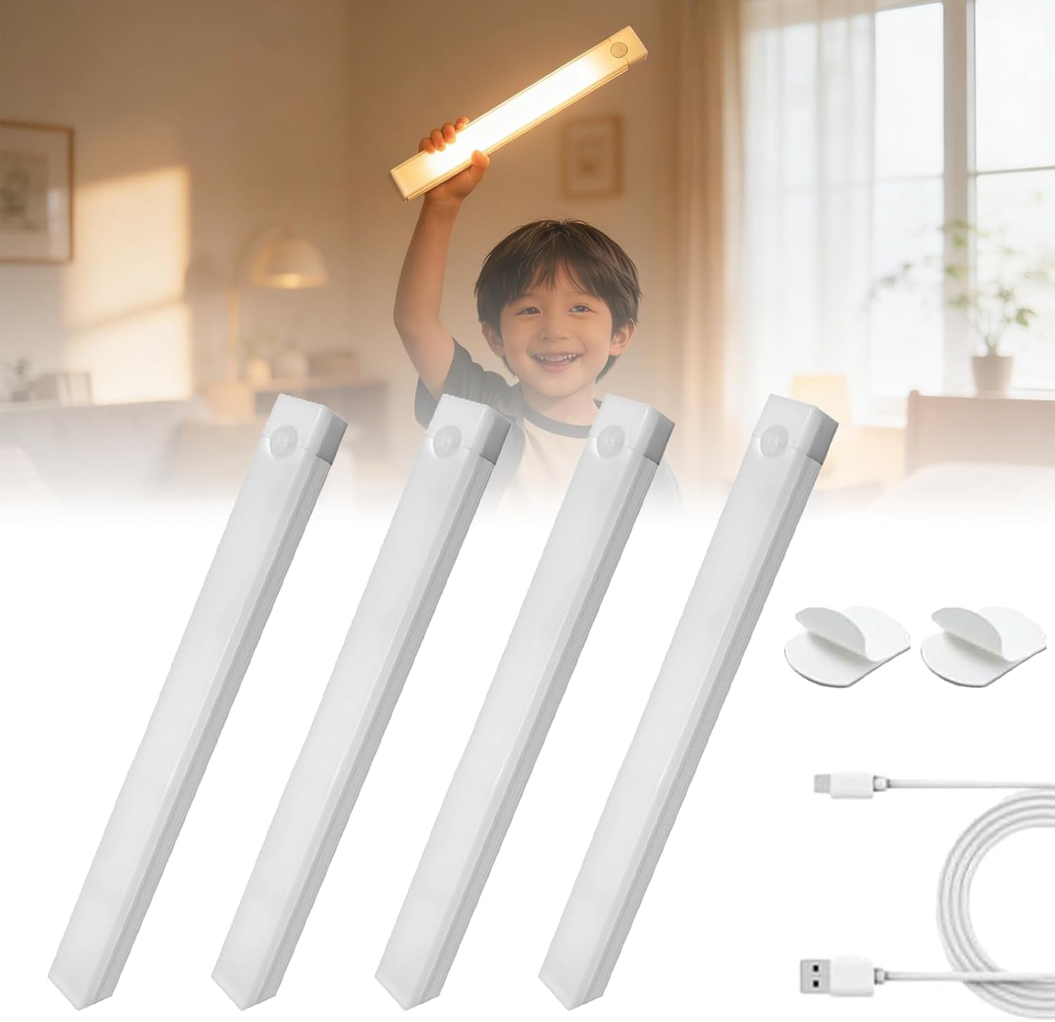 Punch-Free Smart Sensor Magnetic Rechargeable Led Lights, Rechargeable Motion Sensor Lights, Motion Sensor Light Indoor, for Wardrobes Kitchens Closets and Studios (4Set-White,10cm/3.94in)
