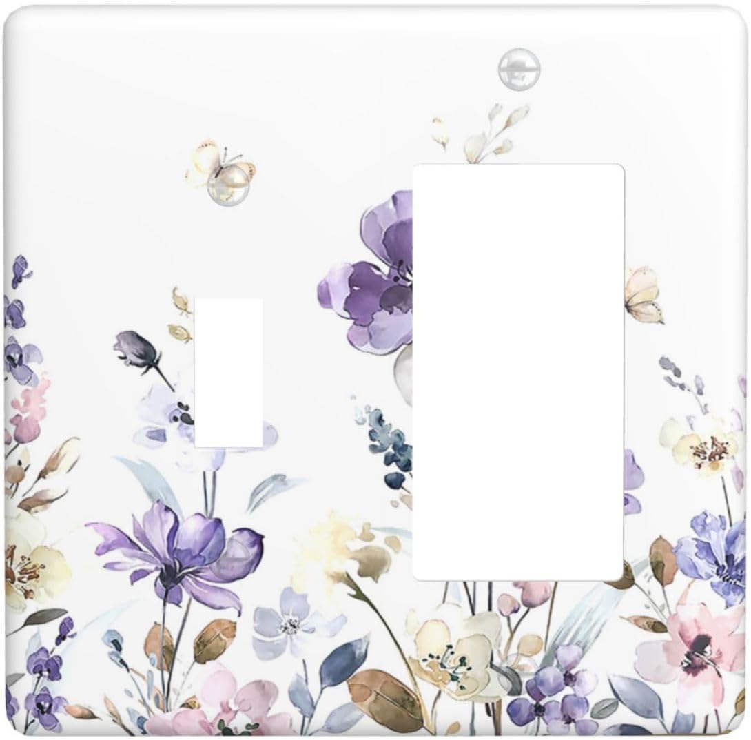 Outlet Covers Purple Floral Lilac Watercolor Flower Leaves Butterfly Wildflower 1 Toggle 1 Rocker Combination Decorative Wall Plate Light Switch Cover Plate Electrical Switch Plates for Bedroom Home