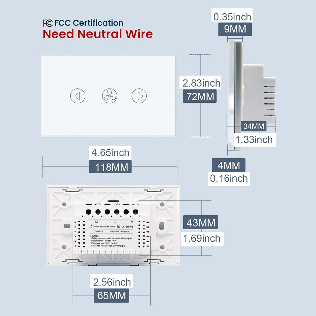 Smart Fan Switch 118X72X34MM Need Neutral Wire, 2.4GHz WiFi,Tempered Glass Panel, Multi-Control Way Work with Alexa and Smart Life, White WiFi Fan