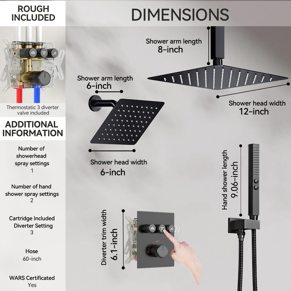 Thermostatic Shower System Matte Black Push Button Shower Faucet Set,12" Ceiling Rainfall and 6" Wall Mount Rain Shower with 2 in 1 Handhled, Can Use All at Once, Shower Set with Valve and Trim Kit