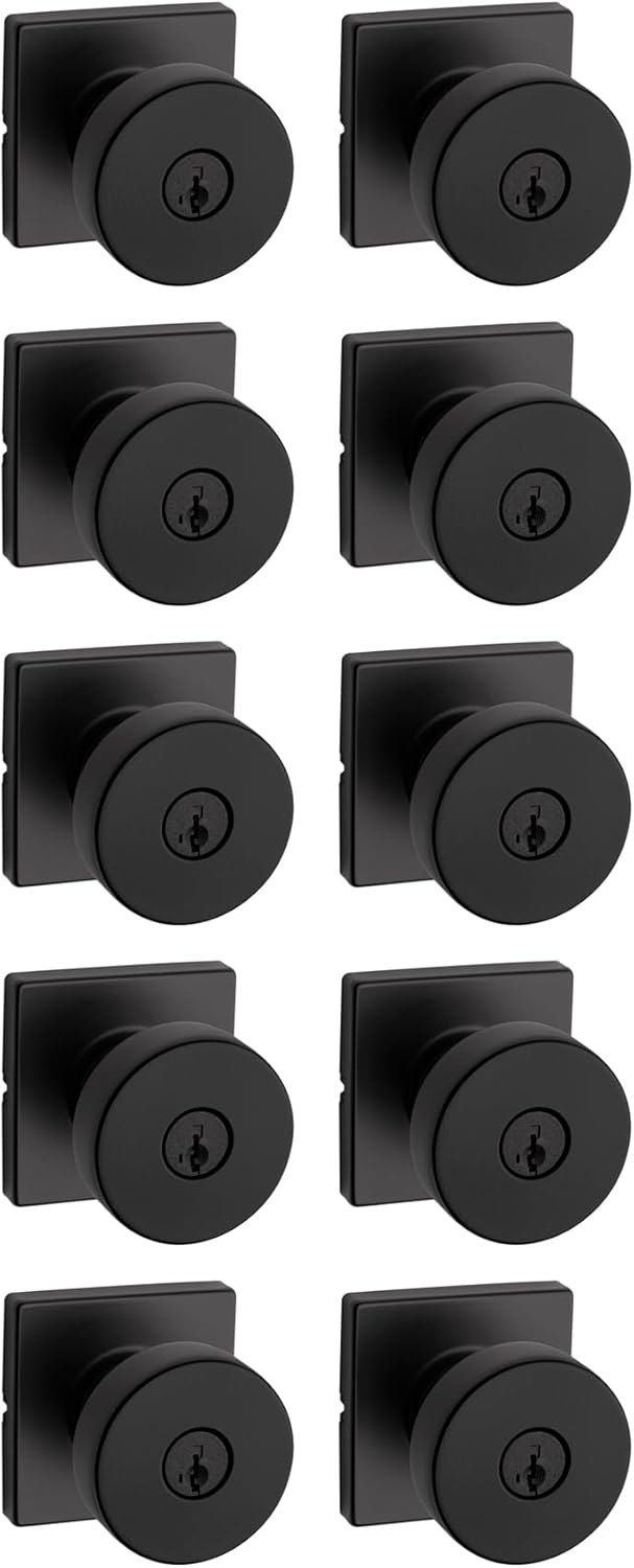 Kwikset Pismo Entry Door Knob with Lock and Key, Secure Keyed Handle Exterior, Front Entrance and Bedroom, Matte Black, 10 Pack, Pick Resistant SmartKey Rekey Security and Microban
