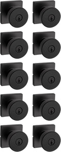 Kwikset Pismo Entry Door Knob with Lock and Key, Secure Keyed Handle Exterior, Front Entrance and Bedroom, Matte Black, 10 Pack, Pick Resistant SmartKey Rekey Security and Microban