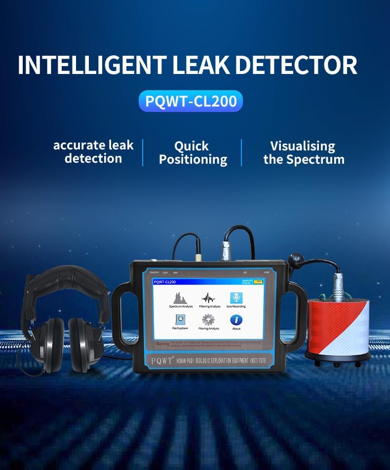 PQWT CL200 Water Leak Detectors for Home and Outside Wall Water Pipe Detector Acoustic Pipeline Leakage Detection Kit Professional Sensor Noise Reduce Headphone LCD Touchscreen Carry Case 2 Meters