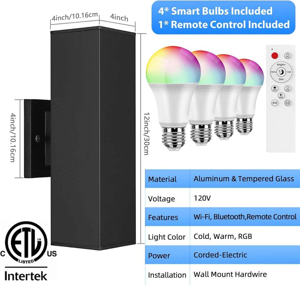 SHIMR Color Changing Outdoor Wall Lights 2 Pack, Ambiance Up and Down Lights Outdoor, Waterproof Square Smart Porch Lights WiFi APP Control Exterior Light Fixture Home Theater Lighting [ETL Listed]