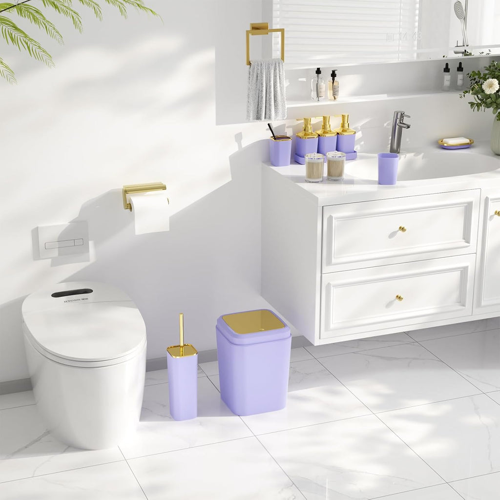 Bathroom Set - Bathroom Sets with Shower Curtain and Rugs, Bathroom Accessory Set, Purple Bathroom Accessories Set with Trash Can, Toilet Brush and Soap Dispensers