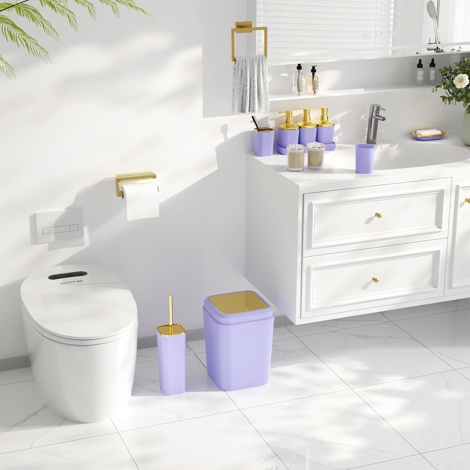 Bathroom Set - Bathroom Sets with Shower Curtain and Rugs, Bathroom Accessory Set, Purple Bathroom Accessories Set with Trash Can, Toilet Brush and Soap Dispensers