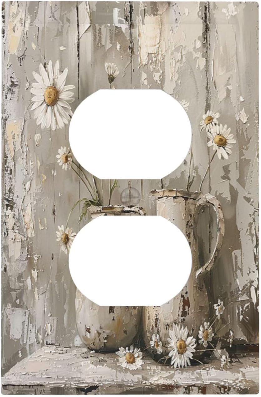 Outlet Covers Vintage Rustic Floral White Daisy Flower Oil Painting Style 1 Gang Duplex Wall Plate Decorative Switch Plates Electrical Receptacle Faceplate Light Switch Cover for Home