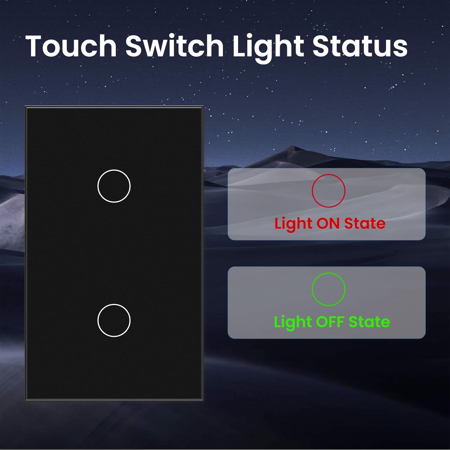 2 Way Light Switch 118X72X34MM No Neutral Wire, Wall Touch Switch 1000W, Tempered Glass Panel, FCC, Black 2 Gang