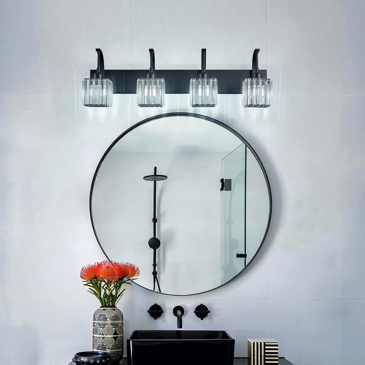 Crystal Vanity Lights 4-Light Black Bathroom Vanity Lights Modern Crystal Bathroom Light Fixtures Over Mirror 32.67" Long Vanity Light for Bathroom