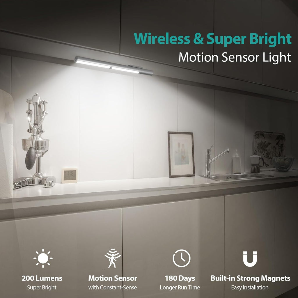 Under Cabinet Lights Motion Sensor Light Indoor, Battery Powered LED Lights, 4500mAh USB C Rechargeable Under Cabinet Lighting Wireless, 6000K Cool White, 180 Days Battery Time (2 Pack)