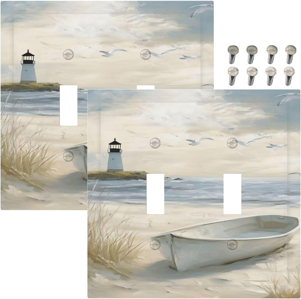 Decorative Light Switch Plate Covers Seascape Painting with Lighthouse Boats 2 Gang Wall Plate Unique Double Toggle Double Light Switch Covers for Bedroom Home Decor （2 Pack）