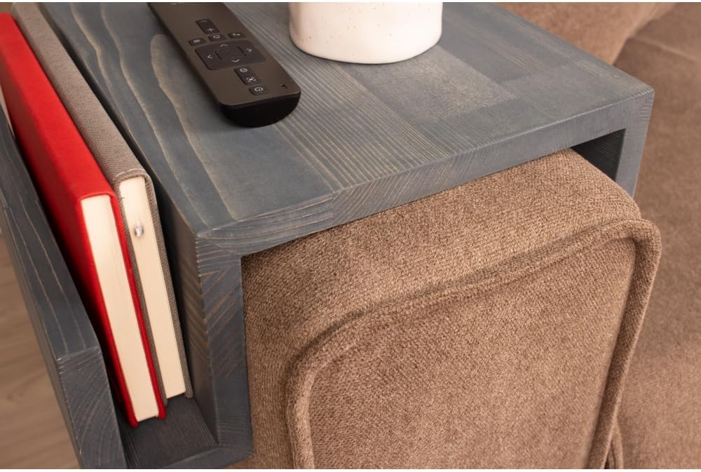 Wooden Couch Arm Tray – Sofa Armrest Table with Book & Magazine Holder, Perfect for Coffee & Remote Control, Solid Wood (Monaco)