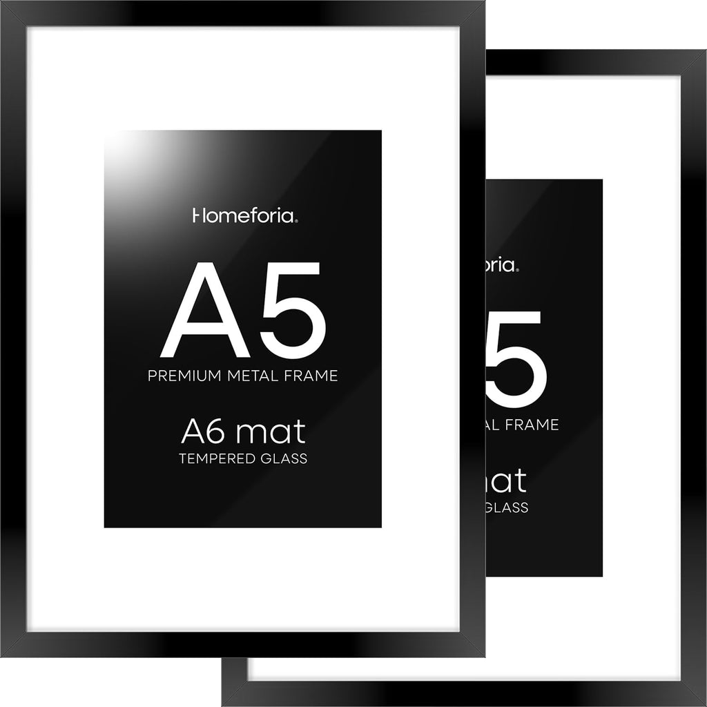 Homeforia A5 Picture Frame Black, High End Metal 5.8x8.3 Frames Matted to 4.1x5.8 Print, A5 Photo Frame with Mat A6, 5.8 x 8.3 Poster Frame, 8.3x5.8 Display Frames, Tempered Glass, Wall Kit, Set of 2