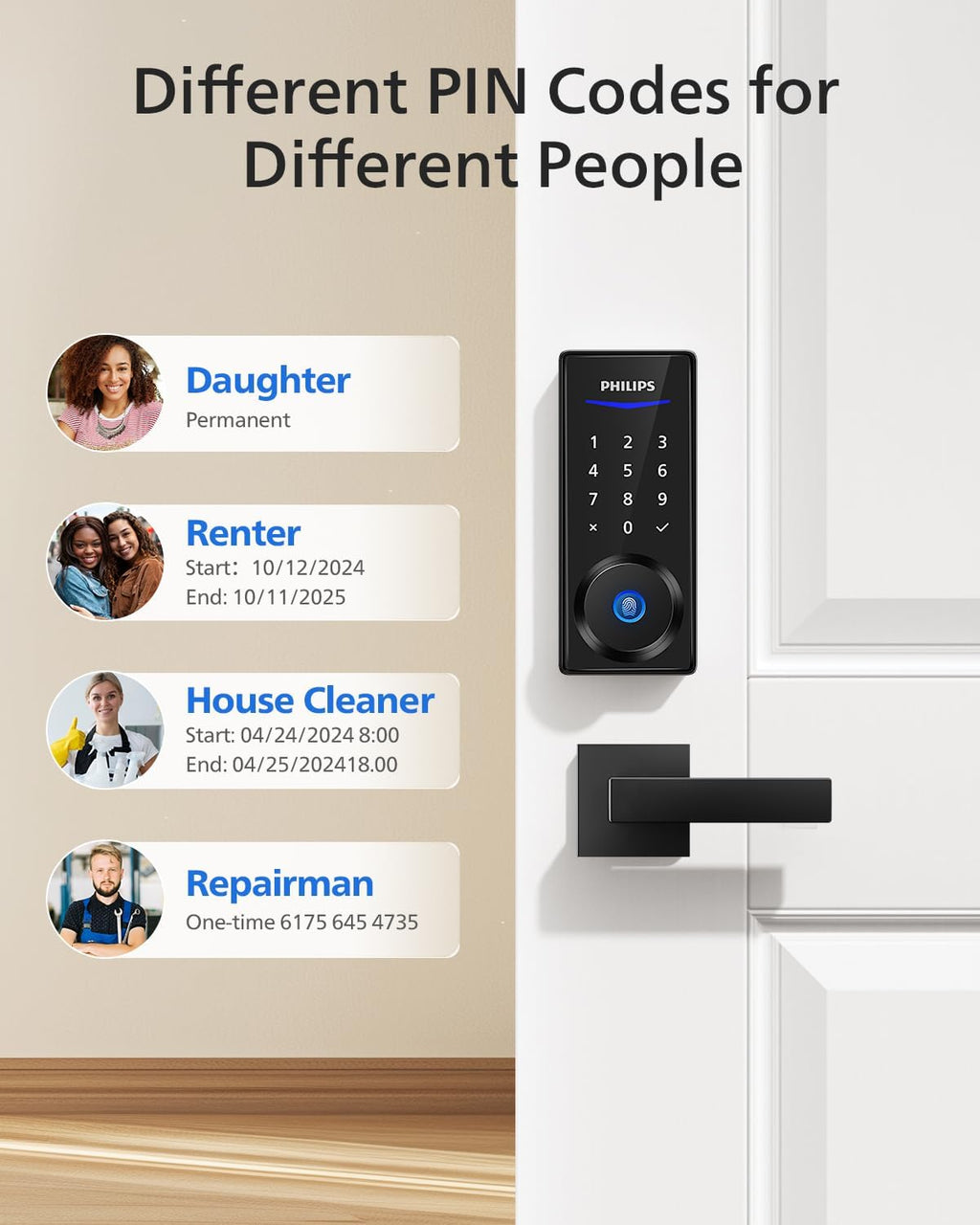 Philips Smart Lock with Handles, Keyless Entry Door Lock Set, Smart Door Lock with 2 Level Handles, Digital Keypad Deadbolt for Front Door, App Fingerprint PIN Code Unlocking, Auto Locking