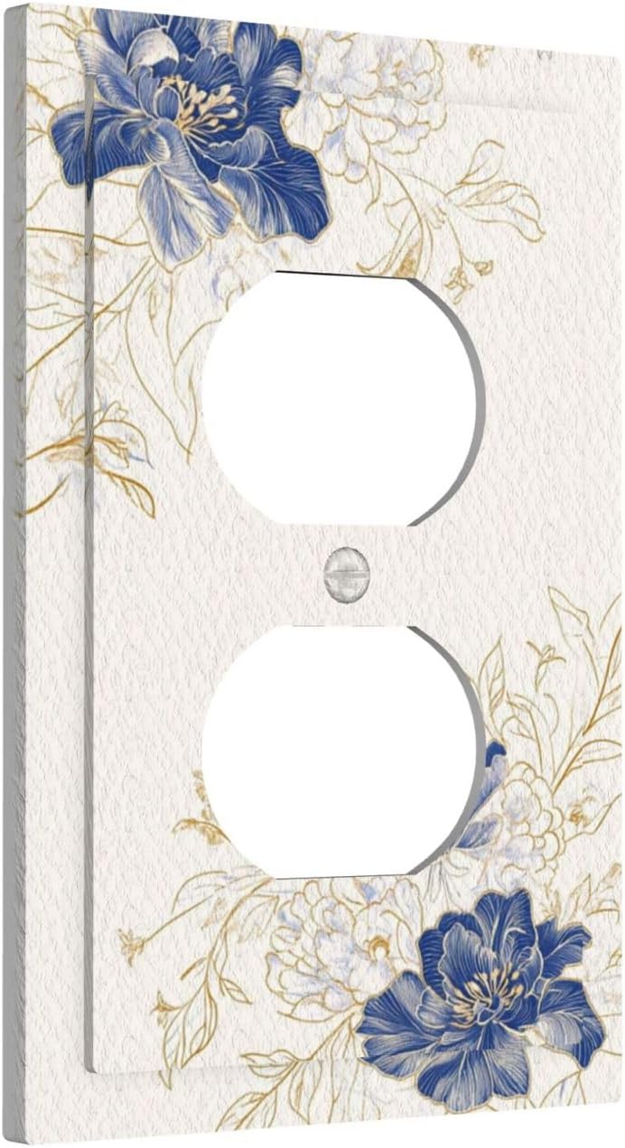 Decorative Outlet Covers Rustic Blue Flower Floral Gold Leaf 1 Gang Duplex Light Switch Cover Plate Unique Wall Plates for Electrical Outlets Switch Plate Covers for Bedroom Home Decor