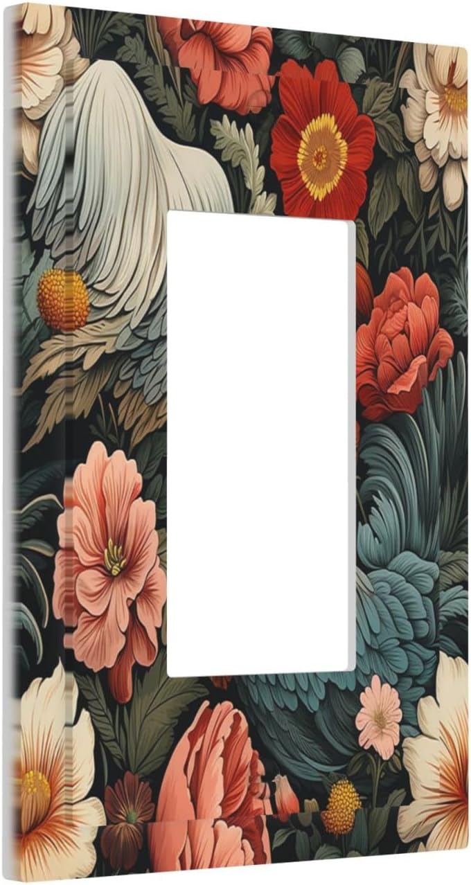 Decorative Outlet Covers Rooster Flowers Red White Chicken Floral 1 Gang Single Rocker Light Switch Cover Plate Wall Plates GFCI Faceplate for living Room Farmhouse Decor
