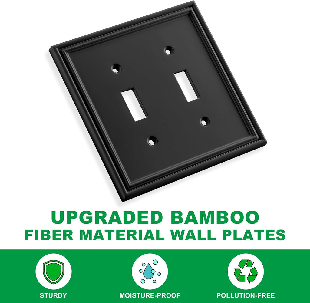 Black Modern Decorative Wall Plate Light Switch Cover Decorator Outlet Covers Rocker Switch Plates Bamboo Fiber Material Wall Plates for Kitchen Bathroom (2 Gang Double Toggle-2 Pack)