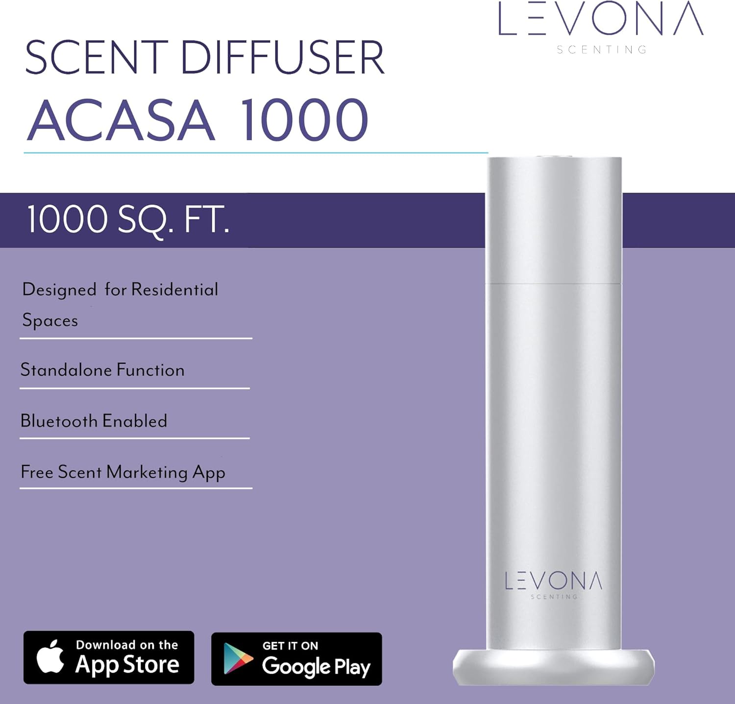 Levona Scent Waterless Diffuser - Essential Oil Aroma Smart Plug-in, Portable Scent Machine for Residential Space & Hotel, Covers 1000sqft - Acasa1000, Brushed Silver (With 120ml Oil & Cleaning Cloth)