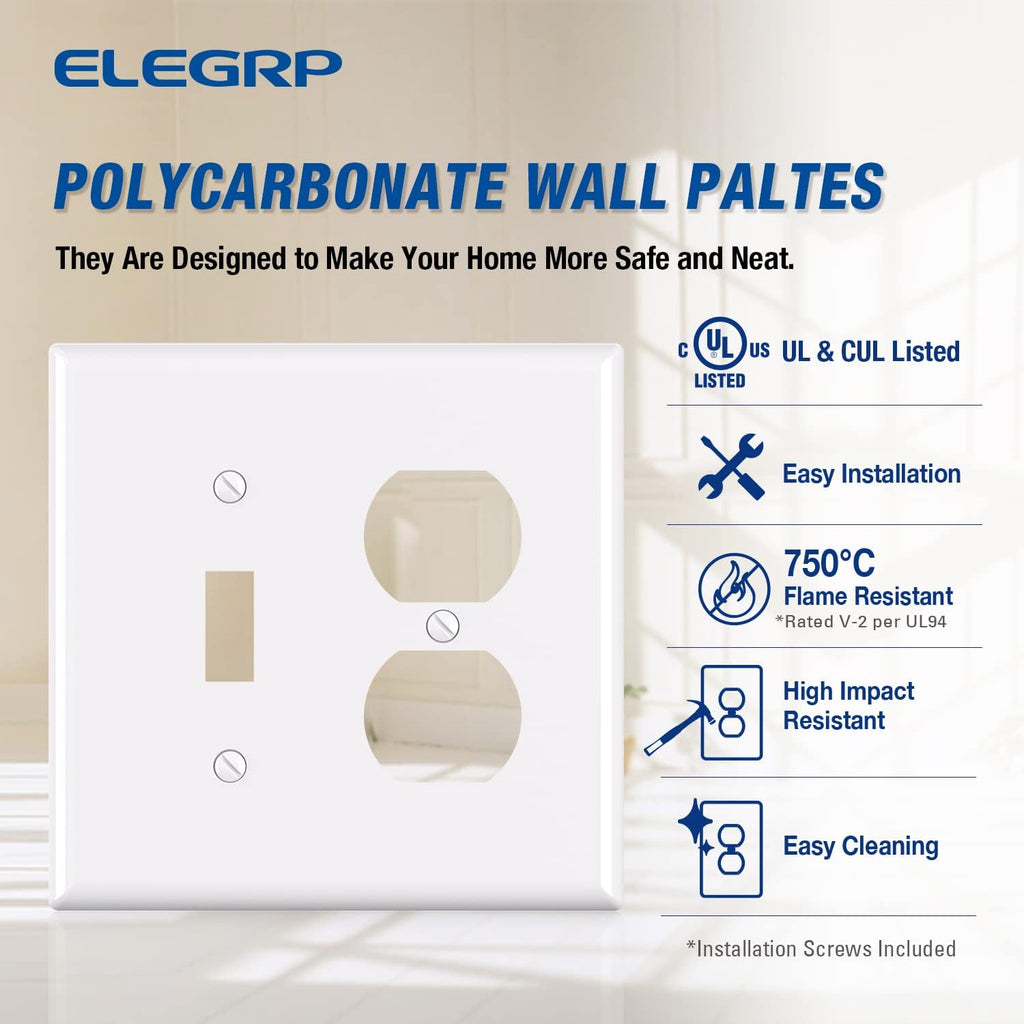 Combination Wall Plate ELEGRP 1-Toggle Light Switch 1-Duplex Receptacle Outlet Combination Wall Plate Cover, Mid-Size 4.88" x 4.94" Unbreakable Thermoplastic Faceplate Cover, UL Listed (1 Pack, white)